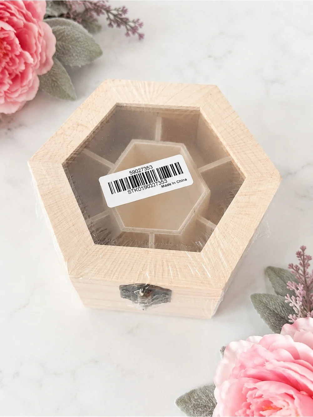 Hexagon Wooden Jewelry Box Clear Lid Natural Wood Keepsake Storage